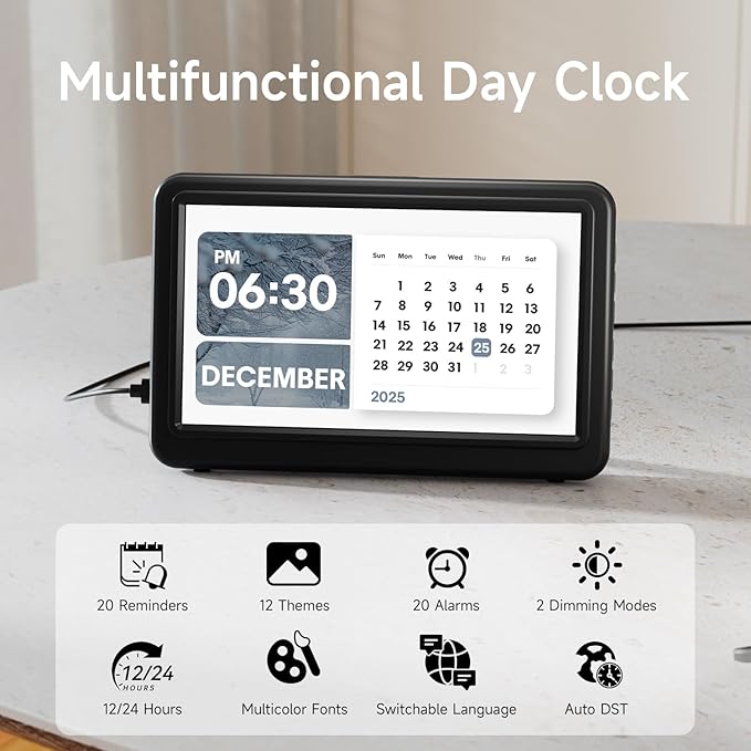 Raynic Date Clock, Digital Calendar Clock with 12 Themes, 20 Alarms, 20 Reminders, Semi-Automatic Dimming, 12/24 Hours, Auto DST for Desktop, Office, Students (Black, 7 Inches)