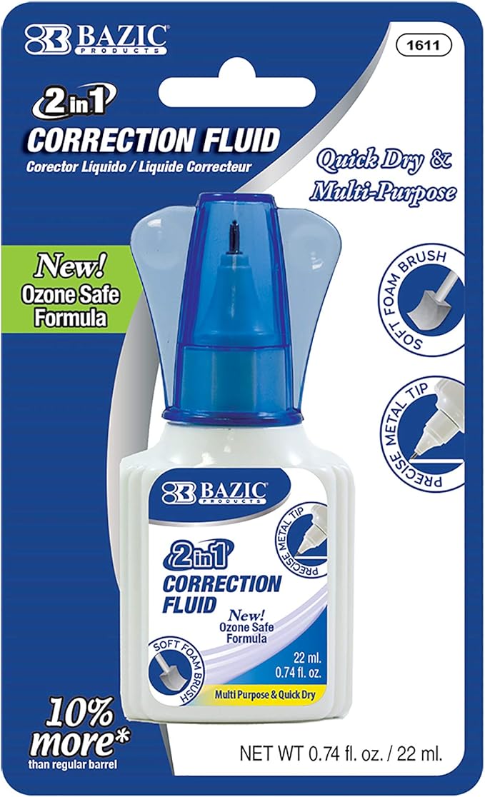 BAZIC Products Correction Liquid 2 in 1 (0.74 oz / 22 ml), Foam Brush & Precise Metal Tip Applicator, Instant Corrections Pen White Out Wipe Out Fluid, 24-Pack