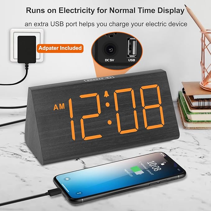 DreamSky Wooden Digital Alarm Clock for Bedroom - RGB Electric Desk Clock with Large Numbers, USB Port, Loud Alarm for Heavy Sleepers, Dimmer and Volume Control, Snooze, Wood Décor (Adapter Powered)
