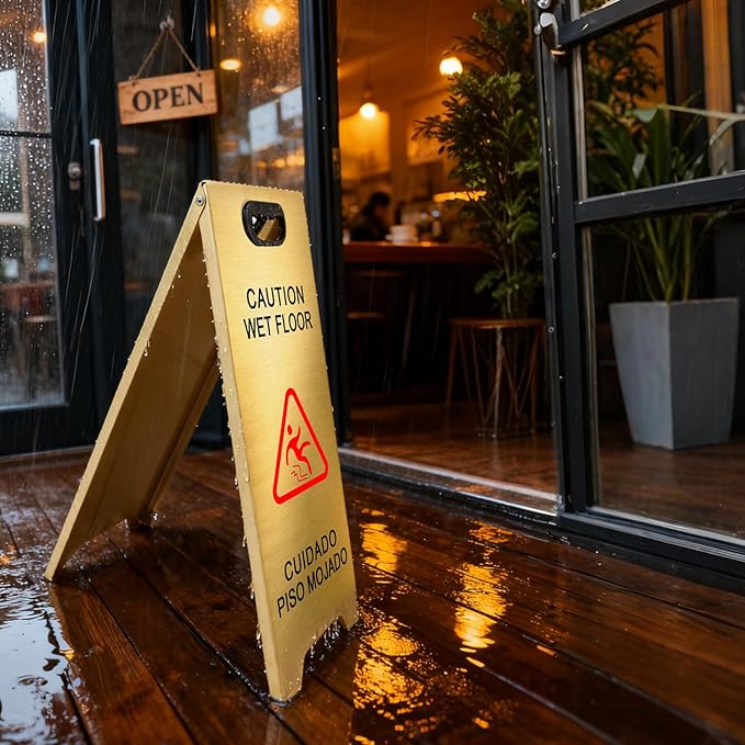 Kerty 4 Pack Stainless Steel Wet Floor Sign, 24 Inch Caution Wet Floor Sign Portable Foldable Bilingual Safety Warning for Hotel Market Restroom Restaurant Office (Gold)