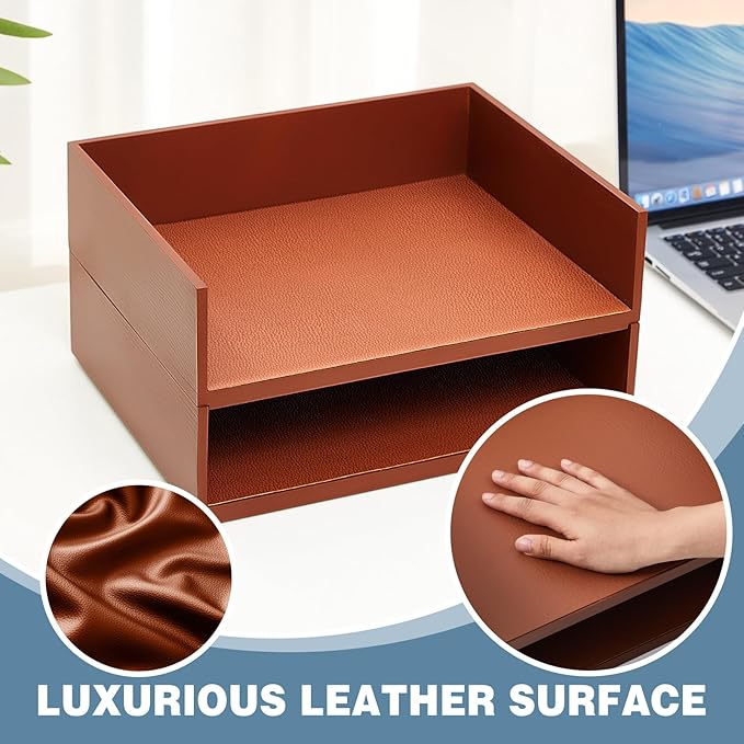 Yeaqee 2 Pcs Wooden Leather Stackable Letter Trays 13 x 10.6inch Luxurious Surface Desk Letter Tray Heavy Paper Inbox Mail Organizer for Office Document Magazine Folder Desktop Accessories(Brown)