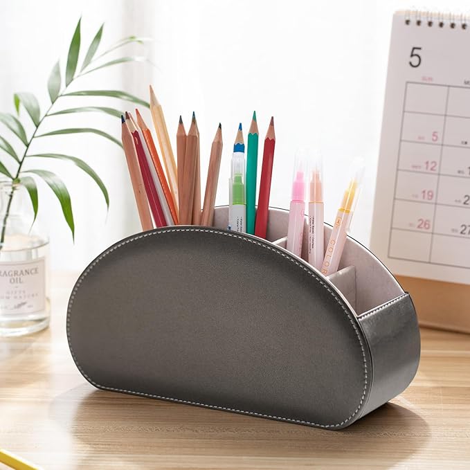 Remote Control Holders Organizer Box with 5 Compartment PU Leather Multi-functional Office Desk Storage Caddy Store Tv Remote for Media Player,Brush,Pencil,Glassees&Office Supplies (Sliver)