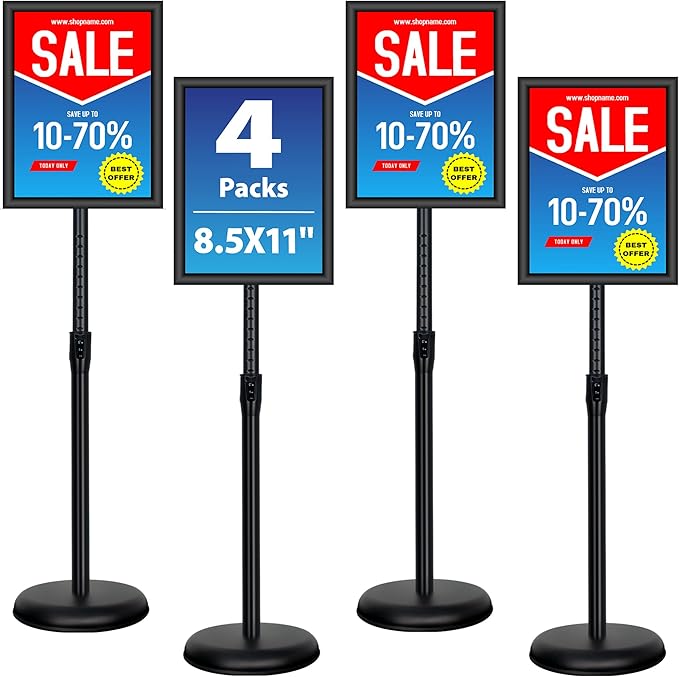 VAIIGO 4 Pack Sign Holder Stands - 8.5 x11 inch Standing Sign Stand, Adjustable Poster Sign Holder Pedestal Floor Sign Stand, Aluminum Snap Open Frame for Vertical & Horizontal View Sign Stand, Black