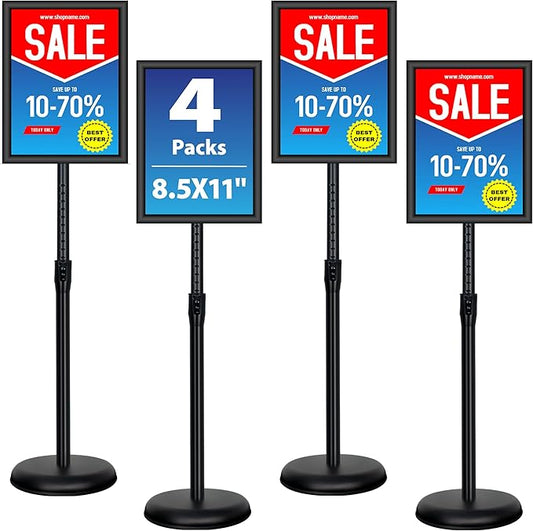 VAIIGO 4 Pack Sign Holder Stands - 8.5 x11 inch Standing Sign Stand, Adjustable Poster Sign Holder Pedestal Floor Sign Stand, Aluminum Snap Open Frame for Vertical & Horizontal View Sign Stand, Black
