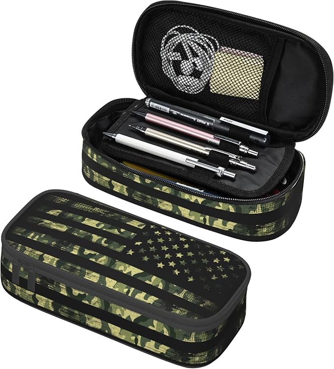 YIJIUWKIS Camo Pencil Box for Kids Adults, Usa Flag Style Pencil Case for Boys Girls, Green Pencil Pouch Big Capacity Portable Pencil Holder Stationery Storage Desk Pen Bag for School Office