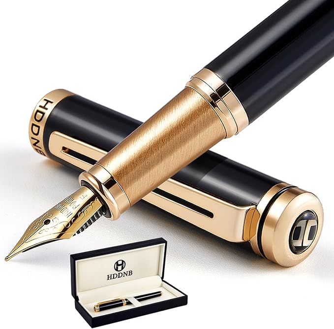 HDDNB Black Luxury Fountain Pen Set for Men and Women with Gift Box, 24K Gold Finish and Gilded Nib(Fine) with 5 Black Ink Cartridges and Converter
