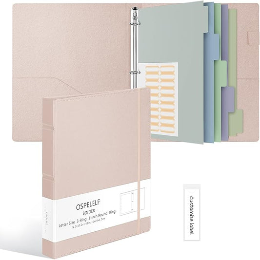 Ospelelf Vintage Hardcover 3 Ring 1 inch Leather Binder, Professional Binders Organizer Suitable for Letter Size Documents, Binder Dividers with Tabs, Faux Rose Gold Leather