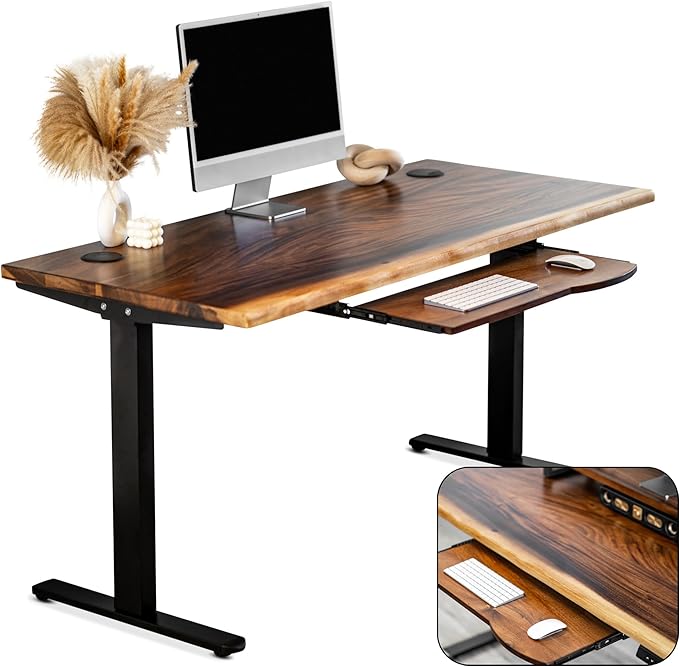 Standing Desk with Keyboard Tray – Walnut Solid Wood Desk, Natural Live Edge, Adjustable Height Dual Motor, Sit Stand for Home Office (Black, W60 x D27)