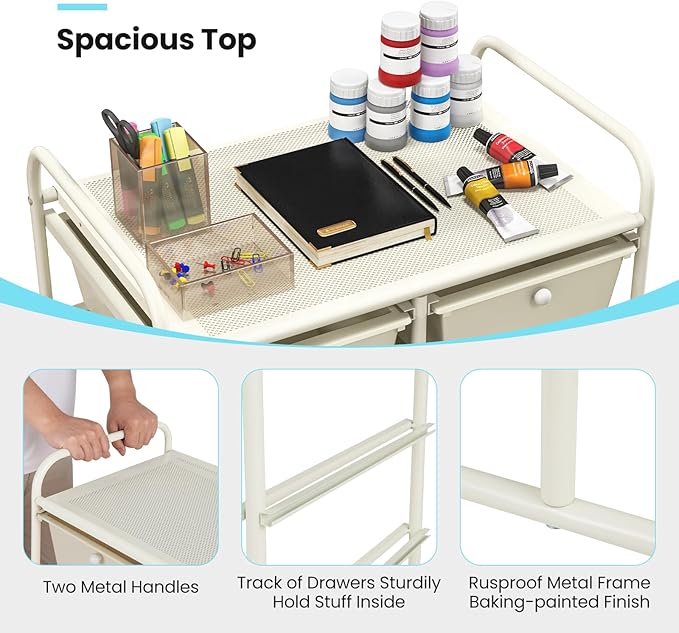 GLACER 10 Drawer Rolling Cart, Storage Cart with Lockable Whieels & Metal Frame, Trolley for Art Craft Oganizer, Mobile Utility Cart for Office, School, Classroom, Kitchen (Ivory Color)