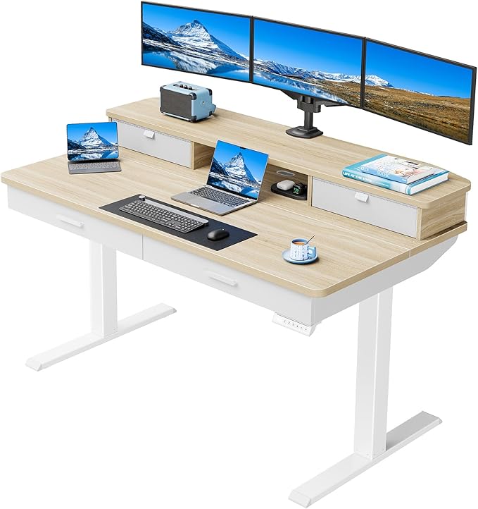 HUANUO 55 x 30 inch Electric Standing Desk with Wood Drawers, Adjustable Height Sit Stand Home Office Desk with Two Tiers, Ergonomic Adjustable Stand up Desk C-Clamp Monitor Mount Compatible, Natural