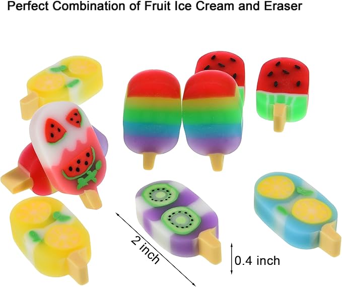 DOMG 16 Pcs Cute Fruit Shaped Ice Cream Erasers for Kids - Fun Food Erasers for Classroom Rewards & Party Favors