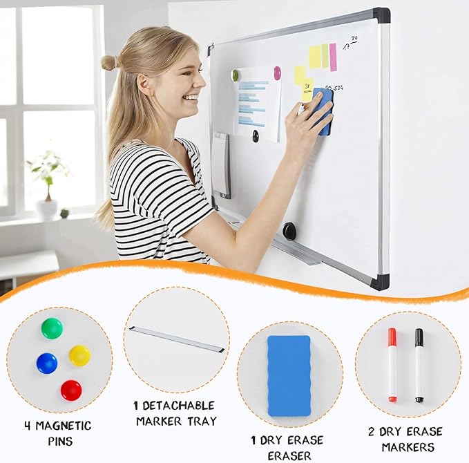 NEWBULIG White Board, 48" x 24" Magnetic Dry Erase Board for Wall with 1 Dry Eraser & 2 Multi-Color Markers & 4 Magnetic Pins, Silver Aluminum Frame for Office, Home, School