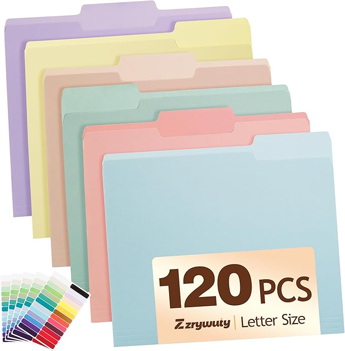 Color File Folders, 1/3-Cut Tabs, Letter Size, 6 Colors Organizer File Folders for School Home Office Business (120, Pastel Colors)