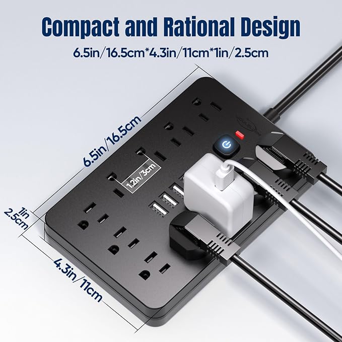JouleLoom 10 FT Flat Plug Surge Protector Power Strip,11 Multiple AC Outlets with 6 USB Ports (2 USB C), 10 Feet Extension Cord, 1250W/10A, One Touch Switch Button, 17 in 1 Compact powerstrip