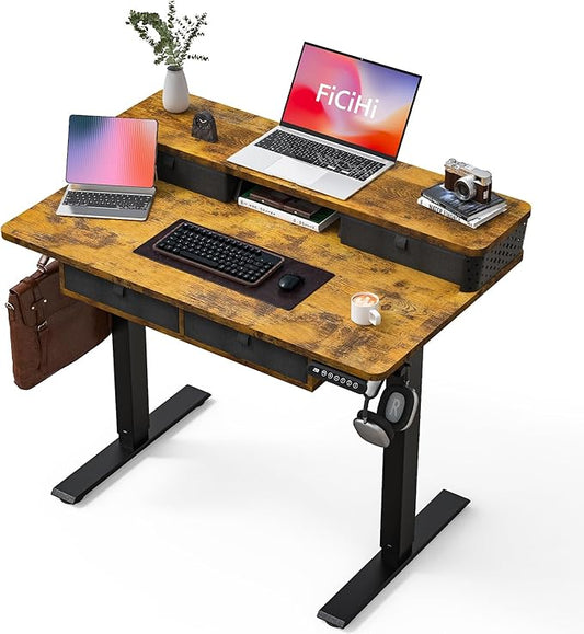 FiCiHi Electric Standing Desk with Four Drawers, Adjustable Height Sit Stand Desk, C-Clamp Compatible Home Office Desk with Storage Shelf & Monitor Stand Riser, 40 x 24 Inch, Rustic Brown