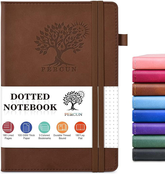 PERCUN Dotted Journal Notebook for Men & Women, 160 Pages Dot Grid notebook for Note Taking, Bullet Journaling Notebook for Work, School, Travel, Writing, A5 Hardcover 5.9" x 8.5" (Brown)