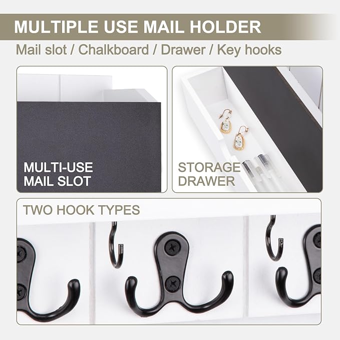 Lucundm Mail and Key Holder Wall Mount with Storage Drawer – Modern Wooden Mail Organizer for Wall Entryway, 7 Key Hooks & Chalkboard Panel – Stylish Home Decor for Apartments, Living Room, Office