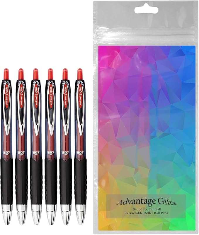 Advantage Gifts Signo 207 Roller Ball Retractable Gel Pens, Medium Point (0.7mm), Red Ink, 6 Count, Bundle with Plastic Reusable Pouch