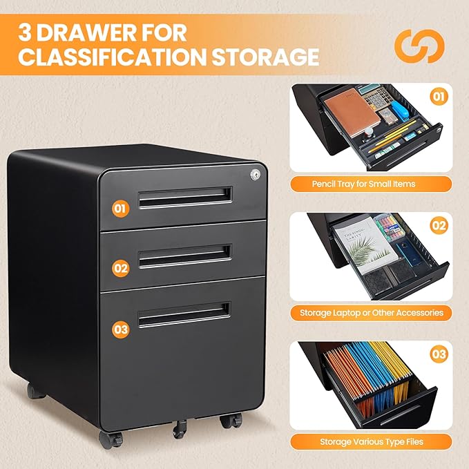 AFAIF 3 Drawer File Cabinet, Fully Assembled Mobile File Cabinets with Lock for Home Office, Metal Rolling Filing Caninet on Wheels, Three Drawer Under Desk Cabnet for Letter/Legal / A4 - Black