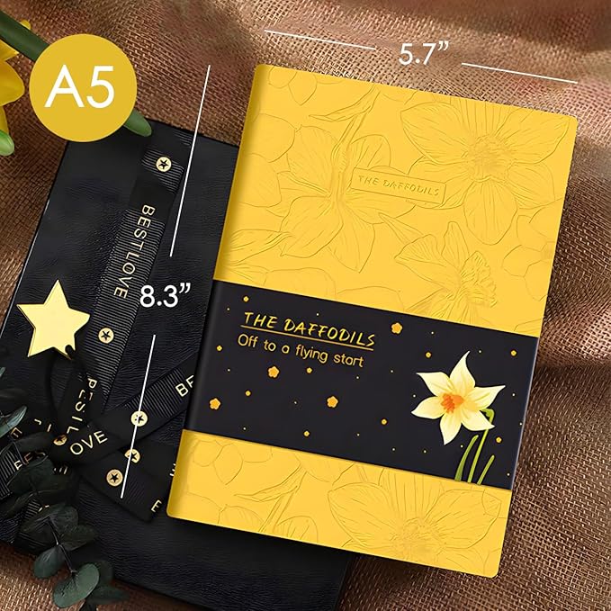 ipoul Soft Cover Notebook, A5 Journal, 6"x8" Lined Notebook for Writing, Wide Ruled Journal, PU Leather Softcover Journal, Gifts for Women, Yellow Daffodil