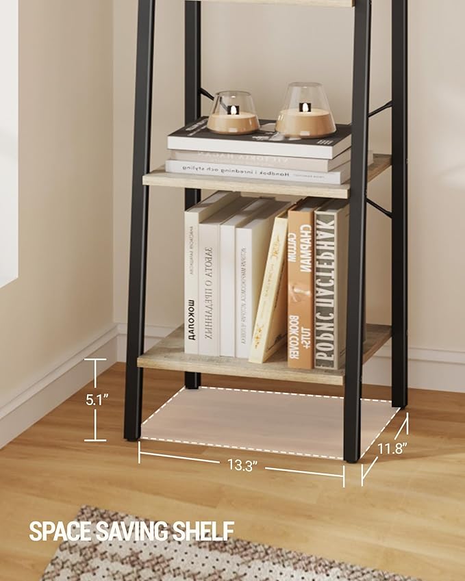 Hzuaneri Ladder Shelf, Bookshelf Bookcase, Freestanding Corner Storage Shelve with 2 Hooks for Home Office, Living Room, Kitchen, Bedroom, Industrial, 11.8" D x 13.4" W x 72.8" H, Greige BC13305B