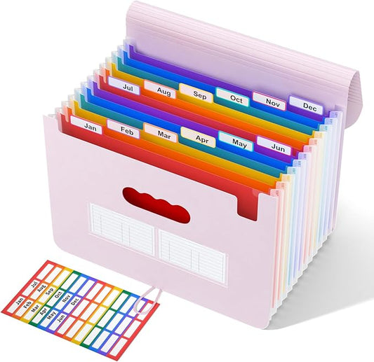 ABC life 12-Pocket Accordion File Organizer, Expandable File Folder with Colorful A-Z Tabs, Portable Bill & Receipt Organizer, Desktop Letter/A4 Document Storage for Home & Office-Pinkish Purple