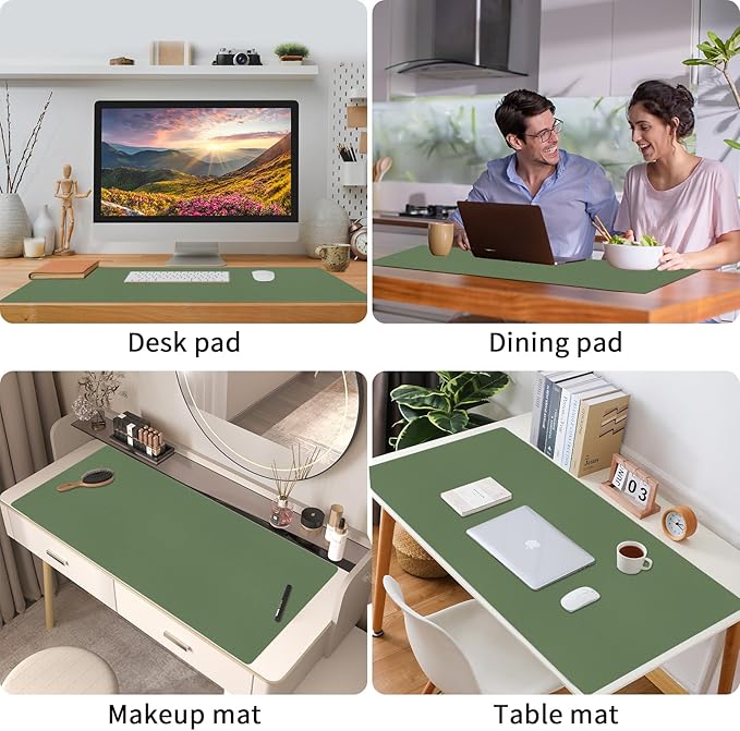 Bloss Olive Green Desk Mat 35.4" x 15.7", Desk Matt for Desktop, Large Leather Desk Pad, Waterproof Desk Pad Mat, Office Supplies for Women