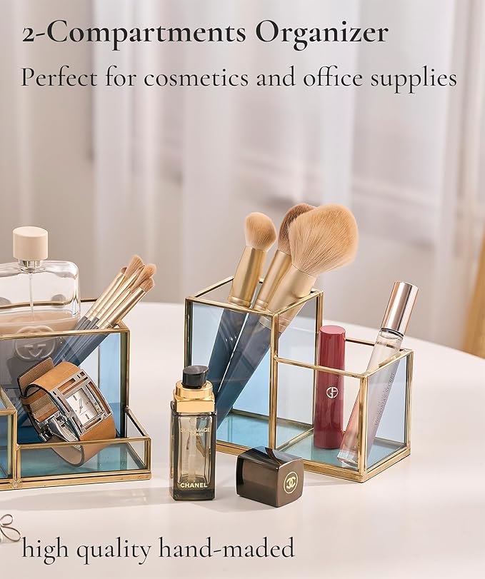 FONDAZZA Gold & Blue Glass Desk Organizer - Elegant Office Decor, Aesthetic Makeup Brush Holder, 2-Compartment Pen Holder, Pencil Cup, Vanity & Cosmetic Storage, Desk Accessories for Women