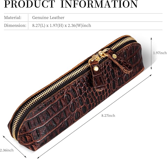 Gexmil Genuine Leather Pen Case, Full Grain Leather Pencil Holder, Hand-made Stationery Bag for Work & Office, Vintage Style, Crocodile Brown