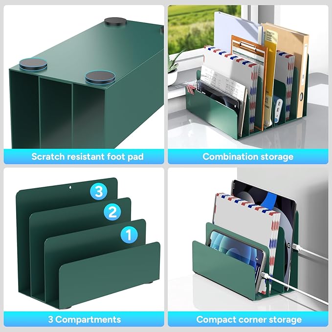 OUTIOE Mail Organizer Countertop, Small Desk File Organizer, Metal File Holder - Essential Workspace Organizers for Office Desk, Home Office (Green)