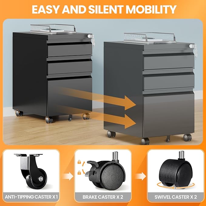 AFAIF 3 Drawer Mobile File Cabinet with Lock, Rolling Filing Cabinets for Home Office, Under Desk Small File Cabinet Three Drawers for Legal/Letter/A4 File, Black - Assembly Required