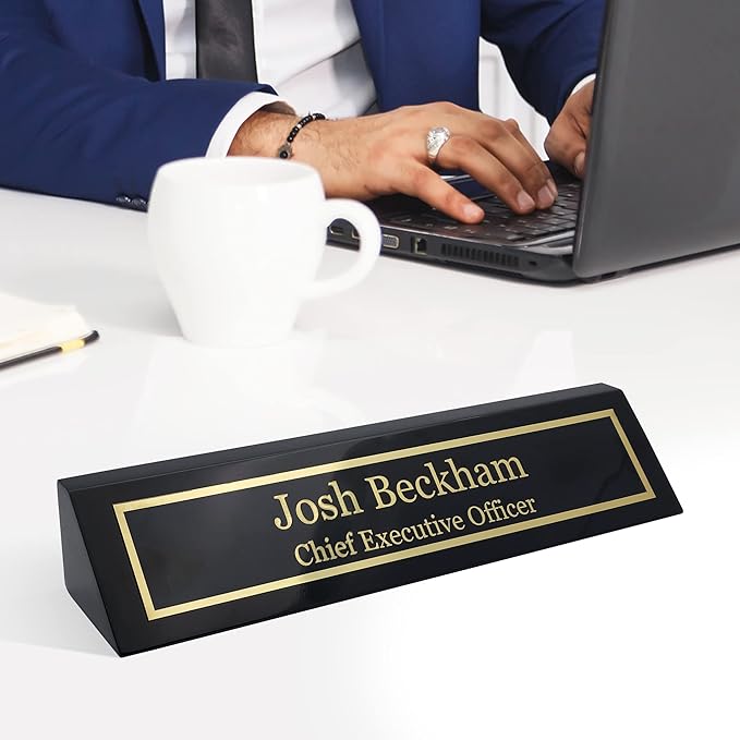 Business Wood Name Plate for Desk | Custom Desk Name Plate Personalized Gift for Office, The Perfect Engraved Name Plaque By Engraving International (2" x 10", Black Piano Finish)