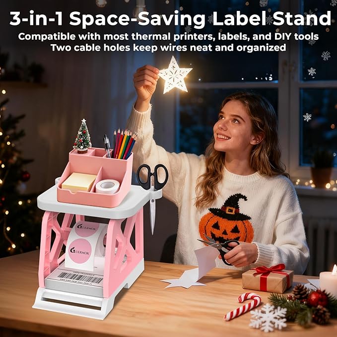 Guermok 3-in-1 Thermal Label Holder Stand for Printer – Desk Organizer for Roll & Fan-Fold Labels, Cable Management, Easy Assembly for Home, Office, Retail & Small Business(Pink)