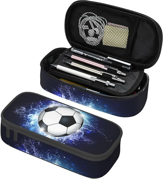YIJIUWKIS Boys Pencil Pouch with Soccer Ball, Sports Pencil Case Pencil Box for Kids, Big Capacity Black Blue Pencil Holder Pen Bag Storage Organizer Stationery Bag with Zippers