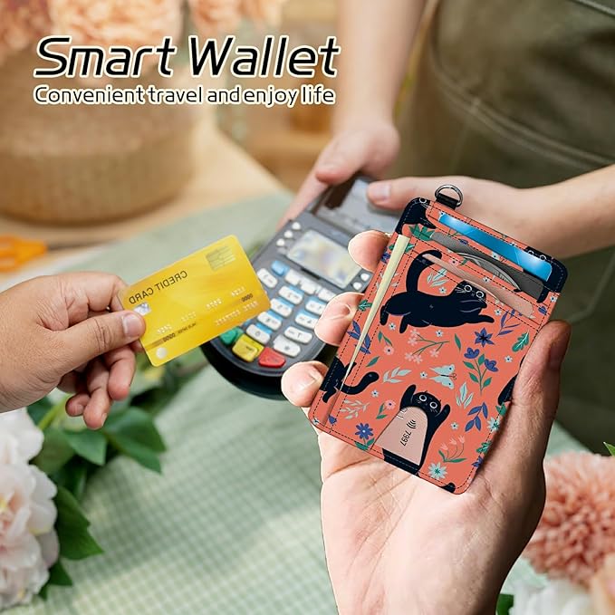 BWEGRHE Small Travel Wallets, Black Cat Flowers Slim Minimalist Front Pocket Wallet with Wristlet, RFID Blocking PU Leather Credit Card Holder with ID Window Change Purse for Men Women