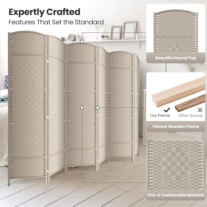 Cocosica 6 Panel Room Divider,6Ft Folding Privacy Screen,Tall - Extra Wide Foldable Panel Partition Wall Divider with Diamond Double-Weaved Hand-Woven Design Room Screen Divider