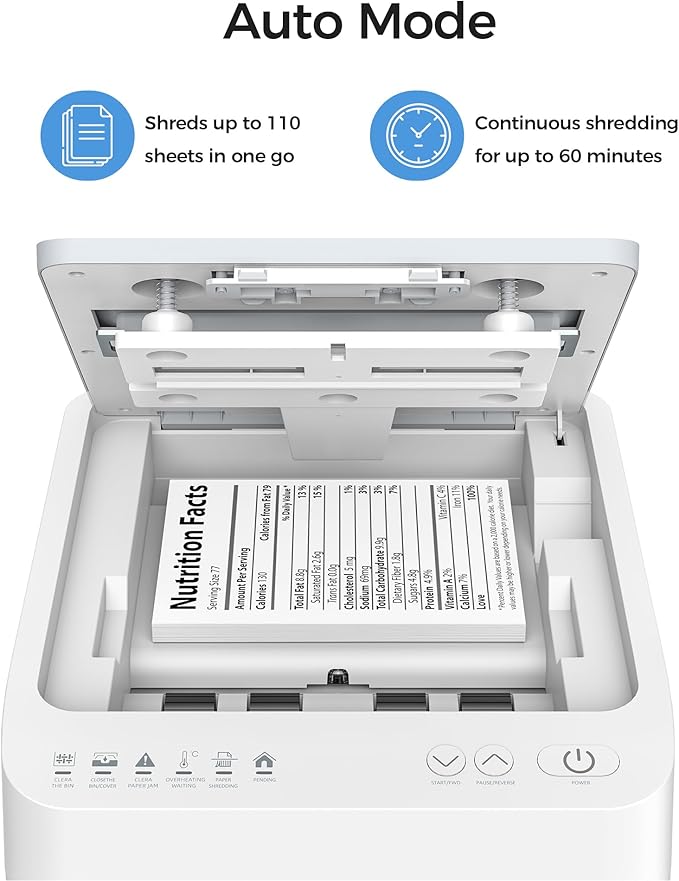 110-Sheet Micro-Cut Paper Shredder Auto Feed Shredders P-4 High Security for Home Office 6.8 Gallon Bin with Casters