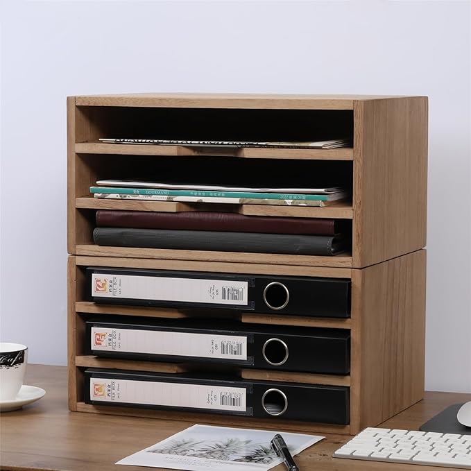 DDYURI 3-Tier Paper Storage Letter Tray File Sorter - Wood Desktop Document Organizer Holders with Mail Sorter, School & Home Magazine File Dividers, Book Rack Shelf Stand for HD-SJ3K (Light)