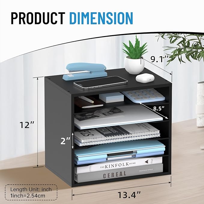 SHARKWOODS 5-Tier Wood Desk Organizer, Paper Tray Organizer for Desk with Adjustable Storage Shelves, Desktop File Organization Paper Sorter Mail Holder for Office Home Classroom, Black
