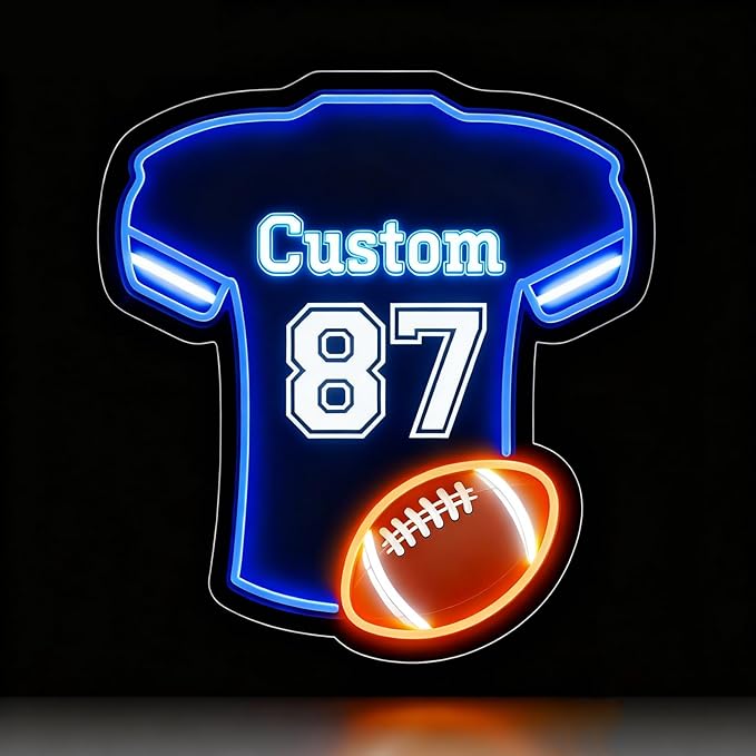 Custom Football Jersey Neon Signs for Wall Decor,Personalized Team Number Name Sport LED Light Up Sign for Football Lovers Birthday Gifts LED Signs for Party Bar Man Cave Fan Club