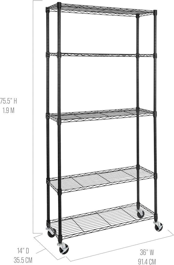 Seville Classics UltraDurable Heavy Duty NSF Solid Steel Wire Rack Storage Unit, Organizer for Garage, Warehouse, Office, Restaurant, Classroom, Kitchen, Black, 5-Tier Shelving, 36" W x 14" D