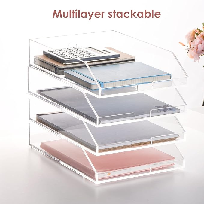 EXPUTRAN (2pcs Pack) Stackable Clear Acrylic Paper Trays, Desk File Organizer, A4 Paper Holder, Letter Tray