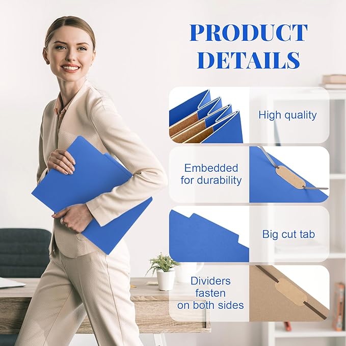 12 Pcs Classification Folders Letter Size 3 Pocket Dividers Employee File Folder with 2 Prongs Fasteners, 2 in Expansion Heavy Duty Pressboard File Holder for School Office Medical Document(Dark Blue)