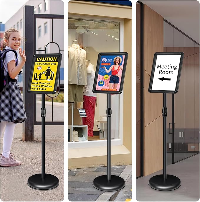 INNOVSIGN 6Packs Adjustable Pedestal Sign Holder Stand 8.5''x11'', Floor Standing Poster Sign Stand for Vertical/Horizontal View Sign stand,Outdoor/Indoor Standing Sign Holders(Black, Round)