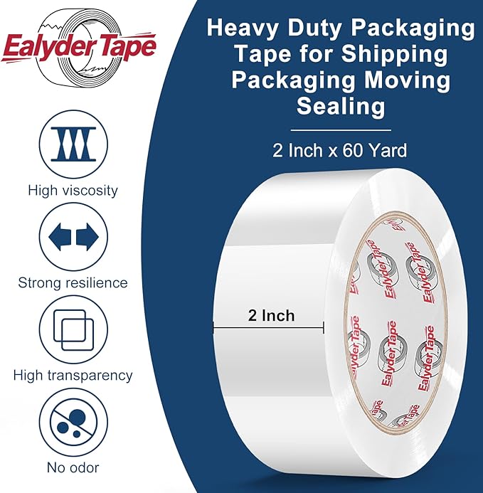 Ealyder Tape Transparent Packing Tape 2 inch x 60 Yards, 6 Rolls with Dispenser – Clear Heavy-Duty Parcel Tape for Secure Packaging, Total 360 Yards