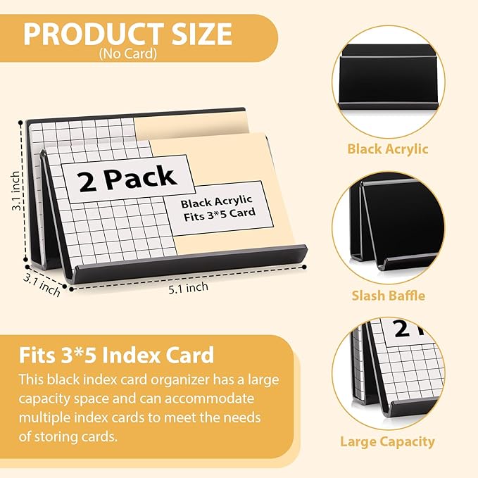 2 Pack 3x5 Index Card Display Holder Acrylic Cards Holder Stand Acrylic Business Card Holders Name Card Organizer Postcard Stand Display 200 Capacity for Studying Supplies No Card (Black, 2 Pack)