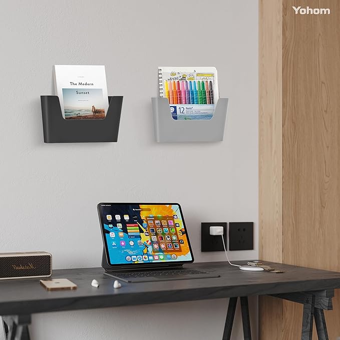 YOHOM No Drilling File Holder Wall Mails Magazines Organizer Adhesive Door Mount, Single Pocket, (White 1) (GREY, 5 PCS)