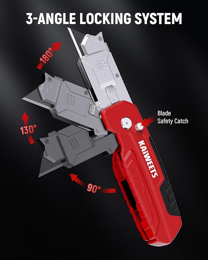 KAIWEETS Utility Knife Scraper, 2-in-1 Folding Box Cutter with Blade Storage, Heavy Duty Zinc Alloy Body, Retractable Design, 12pcs SK2 Black Blades replacement, EDC Tool for Home, Office, DIY– Red