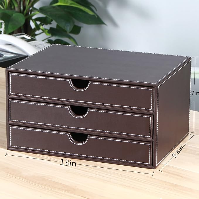 RHCSZ Stackable 3-Drawer Desk Organizer, Executive Office Supplies Desktop Filing A4 File Cabinet/Holder, Leather Storage Box for Document/Paper/Home Decor Accessories (brown)…