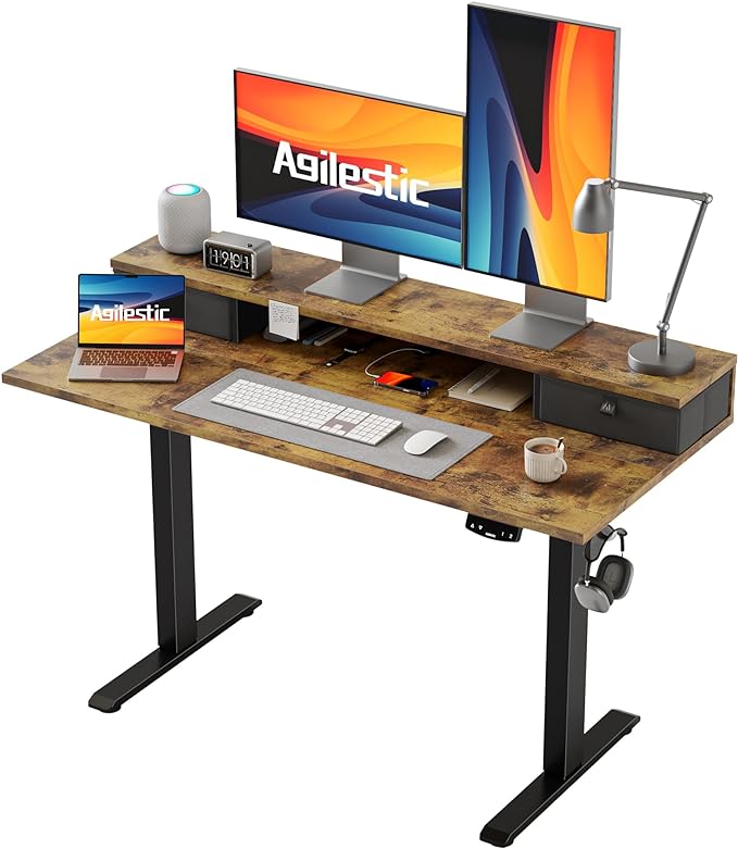 Agilestic 48 x 24 Inches Electric Standing Desk with 2 Storage Drawers, Adjustable Height Sit and Stand Computer Table with Splice Board, Rustic Brown